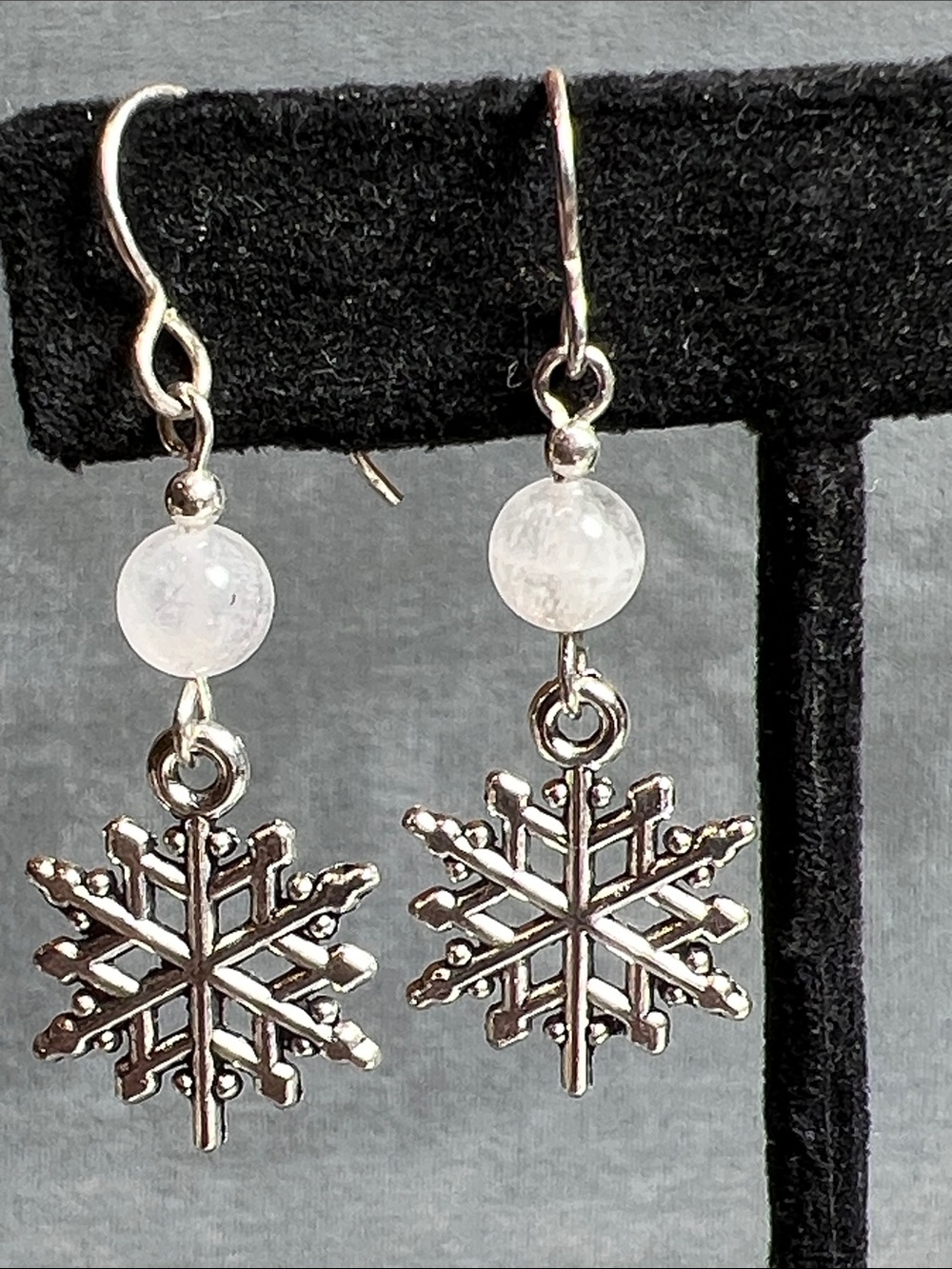 Moonstone gemstone dangle earrings, 925 sterling earwires, snowflake charms